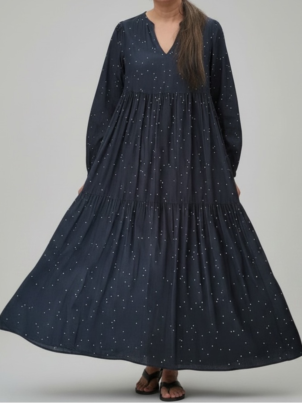 Who What Wear Black Polka Dot Tiered Midi Dress Long Sleeve Small Cottagecore